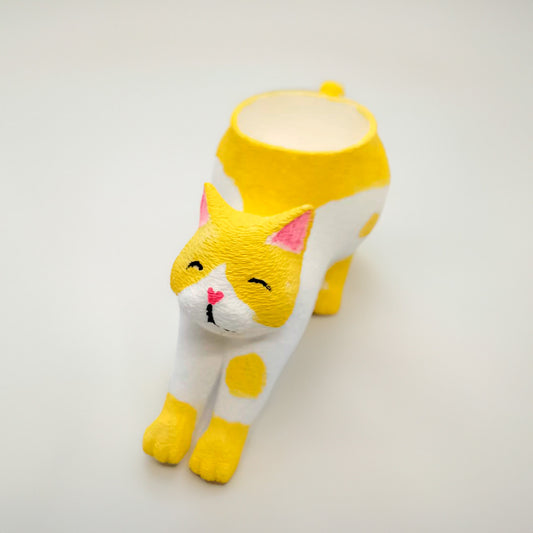 Maceta de Gatito Estirandose Amarillo y Blanco