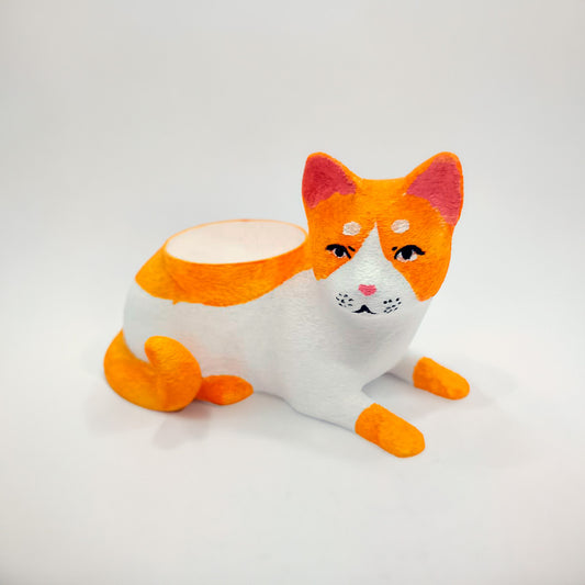 Maceta de Gatito Blanco con Naranja Sentado